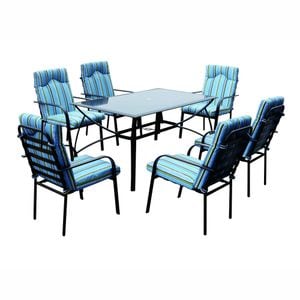 Set masa dreptunghiulara DacEnergy, structura din otel, blat de sticla, 6 scaune cu perne, 150 x 90 x 72 cm, albastru
