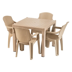 Set masa DacEnergy, fabricat din polipropilena, cu model impletitura de ratan, forma dreptunghiulara, cu 4 scaune, pentru interior/ exterior, crem