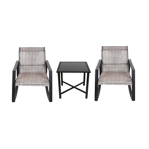 Set masa patrata pentru gradina DacEnergy, structura metalica, blat de sticla, 2 scaune balansoar, cu spatar si brate, 51 x 51 cm