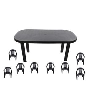 Set mobilier gradina DacEnergy, fabricat din polipropilena, masa ovala si opt scaune, rezistent la umiditate si UV, gri