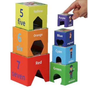 Set 6 cuburi educative din carton, turn de construit cu forme geometrice, numere si meserii, multicolor, buz