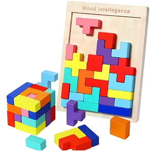 Joc tetris, wooden puzzle, cu 40 piese din lemn, 3D, educativ, pentru motricitate si dexteritate, 27cm x 18cm  buz