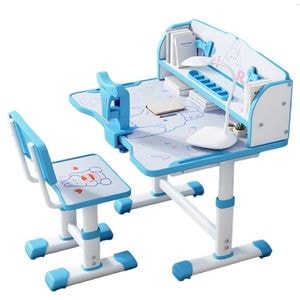 Set de masa si scaun pentru copii, ajustabile, cu lampa inclusa, compartimentat, de culoare albastru, LEXI