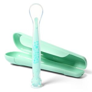 Lingurita cu ventuza si carcasa pentru depozitare BabyOno, Din silicon, Fara bisfenol A, 6 luni+, Verde