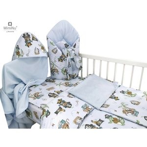 Set bebelusi 6+1 piese MimiNu, Paturica infasat, Cearceaf 120x60 cm, Husa pilota, Bumbac certificat Oeko Tex Standard 100, 135x100 cm, Pirates Blue