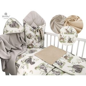 Set bebe 6+1 piese MimiNu, Paturica infasat, Cearceaf 120x60 cm, Husa pilota, Bumbac certificat Oeko Tex Standard 100, 135x100 cm, Calm Forest Natural