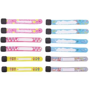 Set 12 bratari identificare copii, inscriptionabile, nume, numar telefon, anti pierdere, refolosibile, multicolor, bebeLOGIC