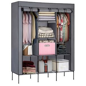 Dulap textil DacEnergy, cadru din otel, material impermeabil, 8 rafturi, bara pentru umerase, inchidere cu fermoar, picioare inalte, 45 x 130 x 175 cm, grafit