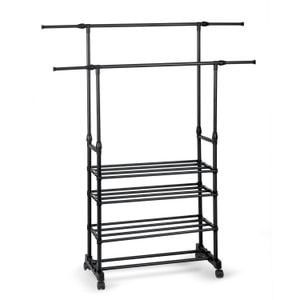 Suport mobil pentru haine DacEnergy, cu roti, usor, incapator si stabil, spatiu pentru incaltaminte, inaltime reglabila, 157.5 x43.5 x77 cm, negru