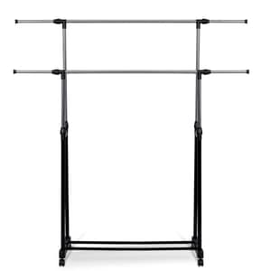 Suport mobil pentru haine DacEnergy, cu roti, usor, incapator si stabil, spatiu pentru incaltaminte, inaltime reglabila, 151x 43x 79 cm, negru si argintiu