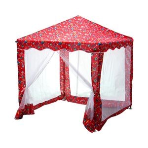 Pavilion gradina pentru copii DacEnergy, forma patrata, fabricat din otel, confectionat din poliester, cu model vesel, 150 x 150 x 170 cm, rosu