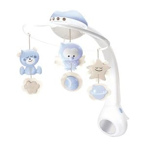 Carusel muzical pentru patut bebe INFANTINO, cu proiector, transformabil in lampa de veghe, muzica linistitoare, cu oglinda, 0 luni+, alb/albastru