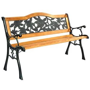 Banca gradina, PROCART, sezut si spatar lemn, model floral, structura otel, 125X51X76 cm