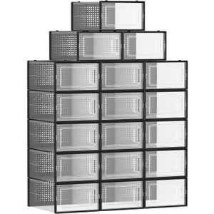 Cutii de pantofi Songmics, set de 18 organizatoare stivuibile, pliabile, 33x23x14cm, transparent si negru