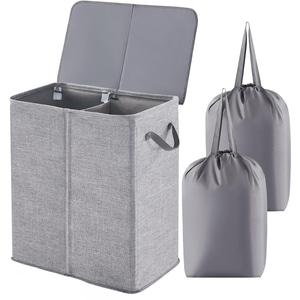 Cos de rufe pliabil, cu capac si saci de rufe detasabili, 2 compartimente de sortare a rufelor, 136 L, 55 x 77 x 35 cm, material textil, Gri
