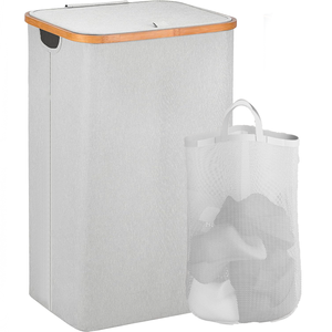 Cos de rufe bambus, pliabil, cu capac si sac de rufe detasabil, 100 L, 74 x 41 x 33 cm, material textil, Gri deschis