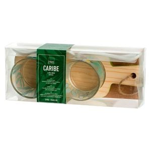 Set 2 boluri din sticla Caribe, H&H, cu 2 lingurite din portelan, pe suport din bambus