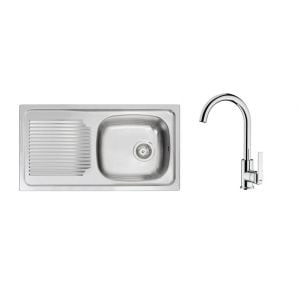 Set chiuveta bucatarie din inox si baterie, 80 x 44 cm, adancime cuva 14 cm, incastrabila, reversibila
