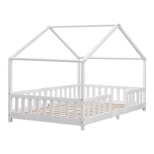 Pat Copii Treviolo tip Casuta, Dimensiuni 200x120cm, Lemn de Brad, Culoare Alb Mat