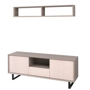 Comoda TV cu 2 usi si 1 sertar, colectia " Slatted" cu etajera "Slatted", culoare corp gri P030, culoare usi si sertar natural P095, cublu color, 160x60x40
