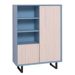 Bufet cu 2 usi, colectia Slatted, culoare corp albastru deschis P053, culoare usi natural P095, dublu color, 101x40x140