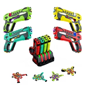 Set pistol infrared Laser Tag cu 4 pistoale reincarcabile, 4 veste, statie de incarcare, pentru interior si exterior, cu functie vibratie si efecte sonore