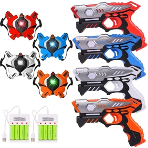 Set pistol Infrared Laser tag cu 4 pistoale, 4 veste, 8 baterii reincarcabile si 2 incarcatoare, interactiv, cu infrarosu, functie vibratie, efecte sonore si lumina LED