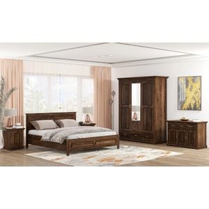 Mobila dormitor Louis, pat 140 x 200 cm, dulap, comoda, noptiera, maro