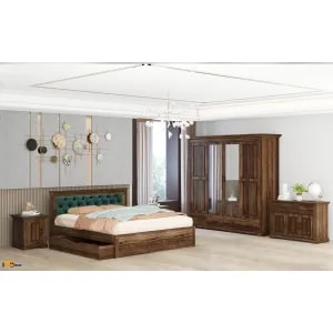 Mobila dormitor Louis, pat 140 x 200 cm, dulap, comoda, 2 noptiere, maro