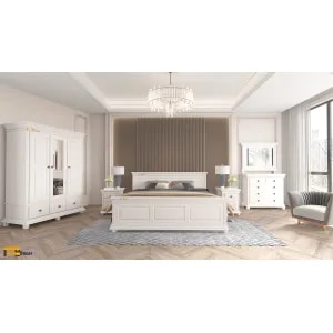 Mobila dormitor Luxus, pat 140 x 200 cm, dulap, comoda, 2 noptiere, alb