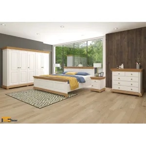 Mobila dormitor Luxus, pat 140 x 200 cm, dulap, comoda, 2 noptiere, alb