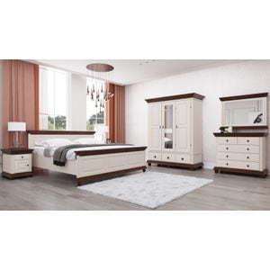 Mobila dormitor Luxus, pat 140 x 200 cm, dulap, comoda, 2 noptiere, alb-nuc