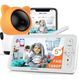 Baby Monitor WiFi 2in1 HelloKid DUO Night Vision, 355/90, Zoom 4X, Two-Way Audio, 3000mAh, Apel, Notificari Miscare, Sunet, Temperatura, Umiditate, Cantece, Orange/White