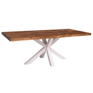 Masa dining cu picior central in X, culoare top maro P064, culoare picioare alb P004, dublu color, 100% lemn masiv, 210 x 100 x 78 cm