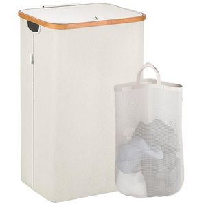 Cos de rufe bambus, pliabil, cu capac si sac de rufe detasabil, 100 L, 74 x 41 x 33 cm, material textil, Beige