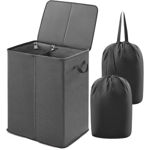 Cos de rufe dublu cu capac si manere, saci de rufe detasabili, capacitate 136L, 60x35x65, pliabil cu 2 compartimente
