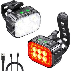 Set lumini bicicleta 6 LED-uri, far bicicleta fata/spate, USB reincarcabil cu acumulator 1100mAh, 4 moduri de iluminare, rezistent la apa IPX65, Alb/Rosu