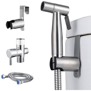 Set dus igienic pentru igiena intima, baterie bideu si WC din otel inoxidabil, para + furtun + baterie + agatatoare, presiune reglabila, filet 7/8, Argintiu