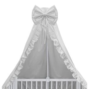 Baldachin pentru patut MIMINU Royal, cu funda si volanas, 210 x 145 cm, bumbac, gri