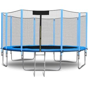 Trambulina de gradina DacEnergy, stalpi metalici, plasa de siguranta exterioara, scara metalica solida, sarcina maxima 150 kg, picioare stabile duble, 465 cm