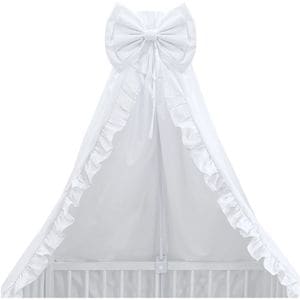 Baldachin, MimiNu, Din tull, pentru patut, cu funda si volan, 210x145 cm, Material certificat Oeko Tex Standard 100, Alb