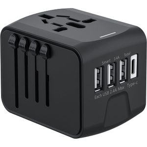Adaptor incarcator convertor priza universal de calatorie, Simply Joy, cu 4 USB  si 1 Type-C All in one pentru US/Japonia, Uk, Australia/China, Elvetia, Italia, Brazilia