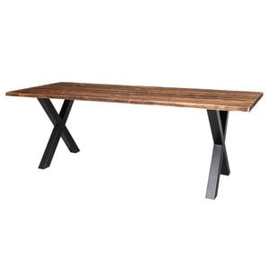 Masa cu blat pin cu picioare metalice X, dim. 240x100x78 cm, culoare blat maro inchis P064, periat adanc,  culoare picioare negru