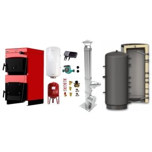 Pachet Centrala pe combustibil solid Sunsystem Burnit NWB MAX 45 kW, puffer, cos inox, boiler termoelectric, vas expansiune, pompa circulare, controller pompa, fitinguri montaj