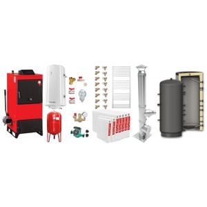 Pachet Centrala pe combustibil solid Fiama D2-60 Putere 70 kW, cu Ventilator si Automatizare, Puffer 1000 litri, Cos inox, Radiatoare Otel, Boiler Termoelectric, Pompa, Vas Expansiune si Fitinguri