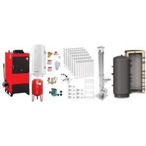 Pachet Centrala pe combustibil solid Fiama D2-60 Putere 70 kW, cu Ventilator si Automatizare, Puffer 1000 litri, Cos Inox, Calorifere aluminiu, Boiler Termoelectric, Pompa, Vas Expansiune si Fitinguri