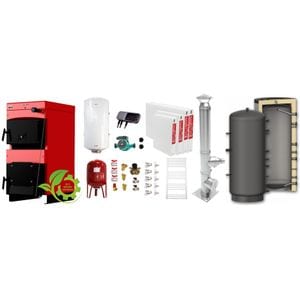 Pachet Centrala pe combustibil solid Sunsystem Burnit NWB MAX 25 kW, puffer, cos inox, calorifere, boiler termoelectric, vas expansiune, pompa circulare, controller pompa, fitinguri montaj