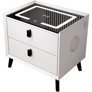 Noptiera inteligenta cu incarcare wireless, lumini LED reglabile, difuzore Bluetooth, 2 sertare de depozitare, 40x40x45cm