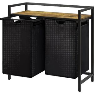 Cos de rufe dublu cu sertar, volum 95L, raft superior, saculete detasabile, 76 x 33.5 x 72 cm, negru