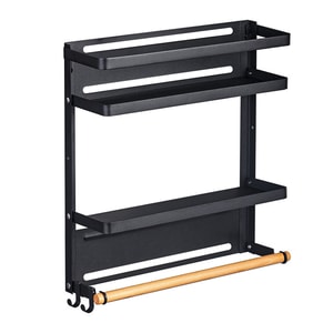Raft metalic pentru condimente, Elindor, prindere magnetica, 2 polite si suport rola prosop, suport depozitare si organizator pentru bucatarie, 33.5 x 31.5 x 9.9 cm, negru